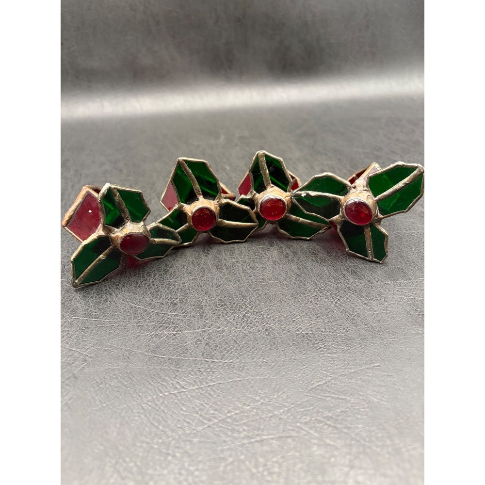 Vintage 1991 Signed Stained Glass Holly Berry Napkin Rings Set of 4 Christmas‎